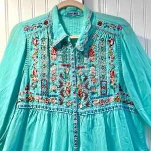 Gorgeous Johnny Was Floral Embroidered Blouse ~ Tiffany Blue ~ Boho Chic